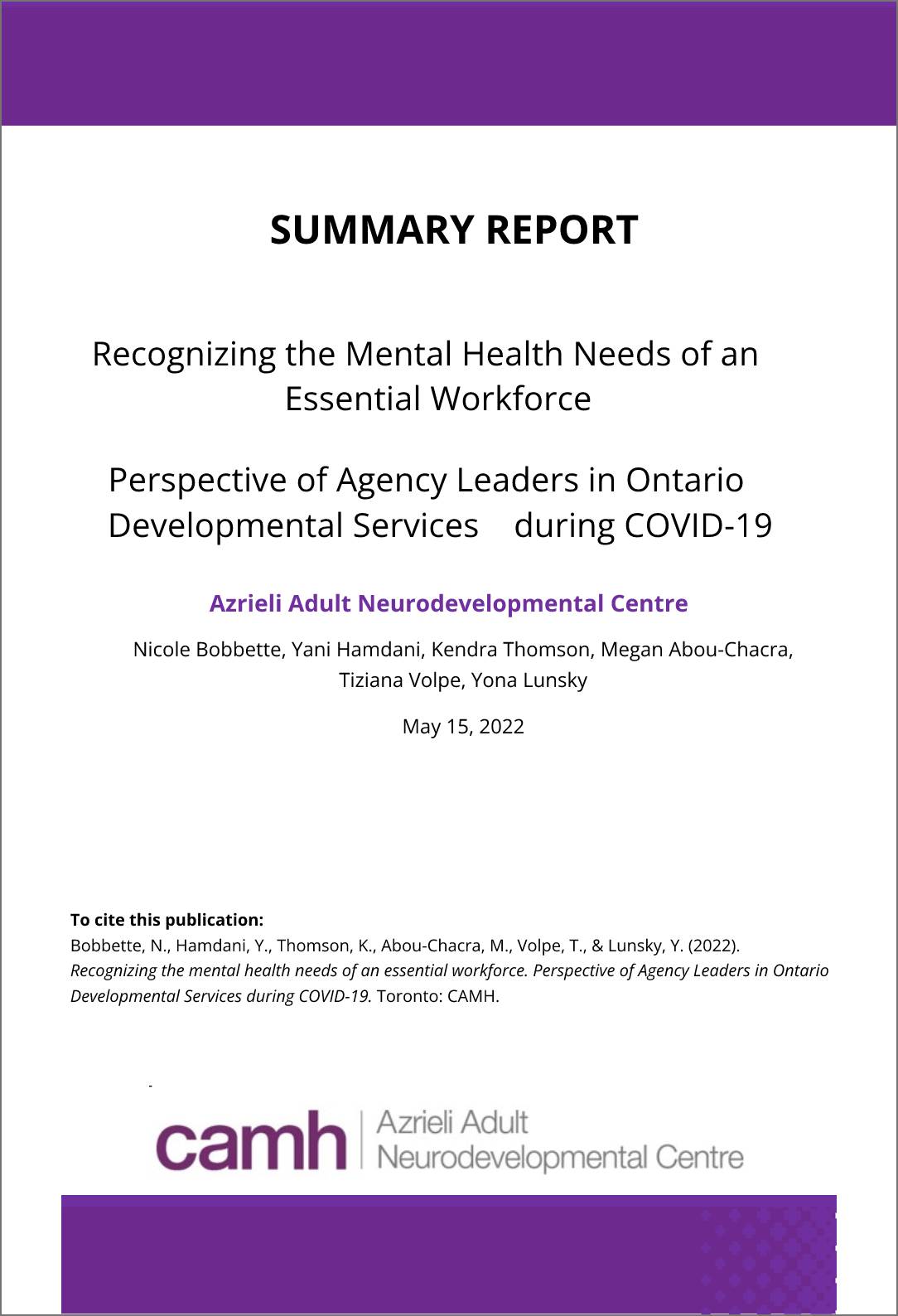 Recognizing the Mental Health Needs of an Essential Workforce: Perspective of Agency Leaders in Ontario Developmental Services during COVID-19