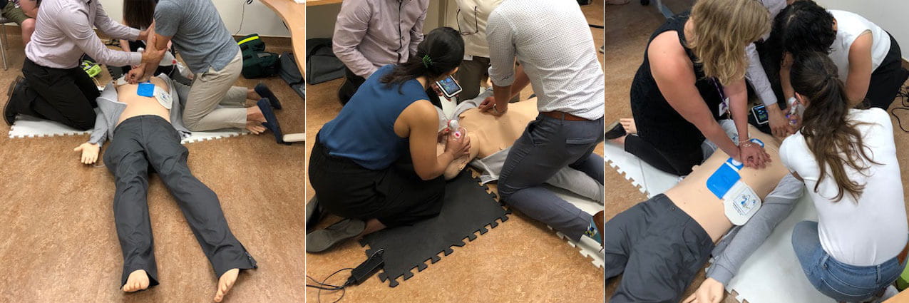 Collage of CAMH staff taking CPR training on Simulation dummy.