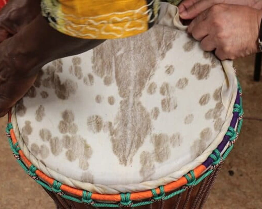 Someone putting drum skin over a drum.