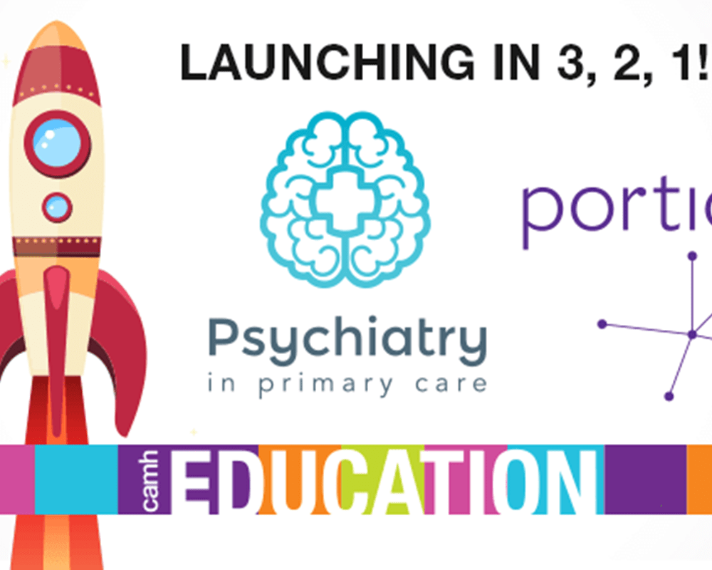 A colourful illustration with a red and pale yellow rocket launching, an axial plane view of cartoon brain with the title Psychiatry in Primary Care, and the Portico logo with the phrase 