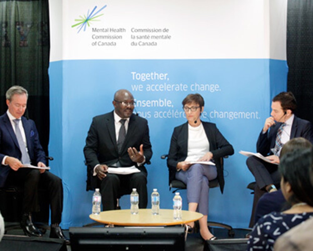 Dr. Kwame McKenzie, Director of Health Equity at CAMH (second from left) and Dr. Branka Agic, Manager of Health Equity at CAMH (third from left), participate in panel during launch of The Case for Diversity Report.