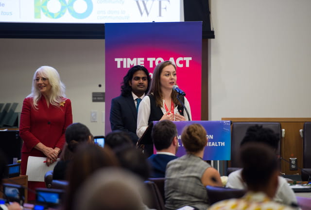 CAMH Youth Engagement Facilitator Emma McCann during panel at the United Nations General Assembly.