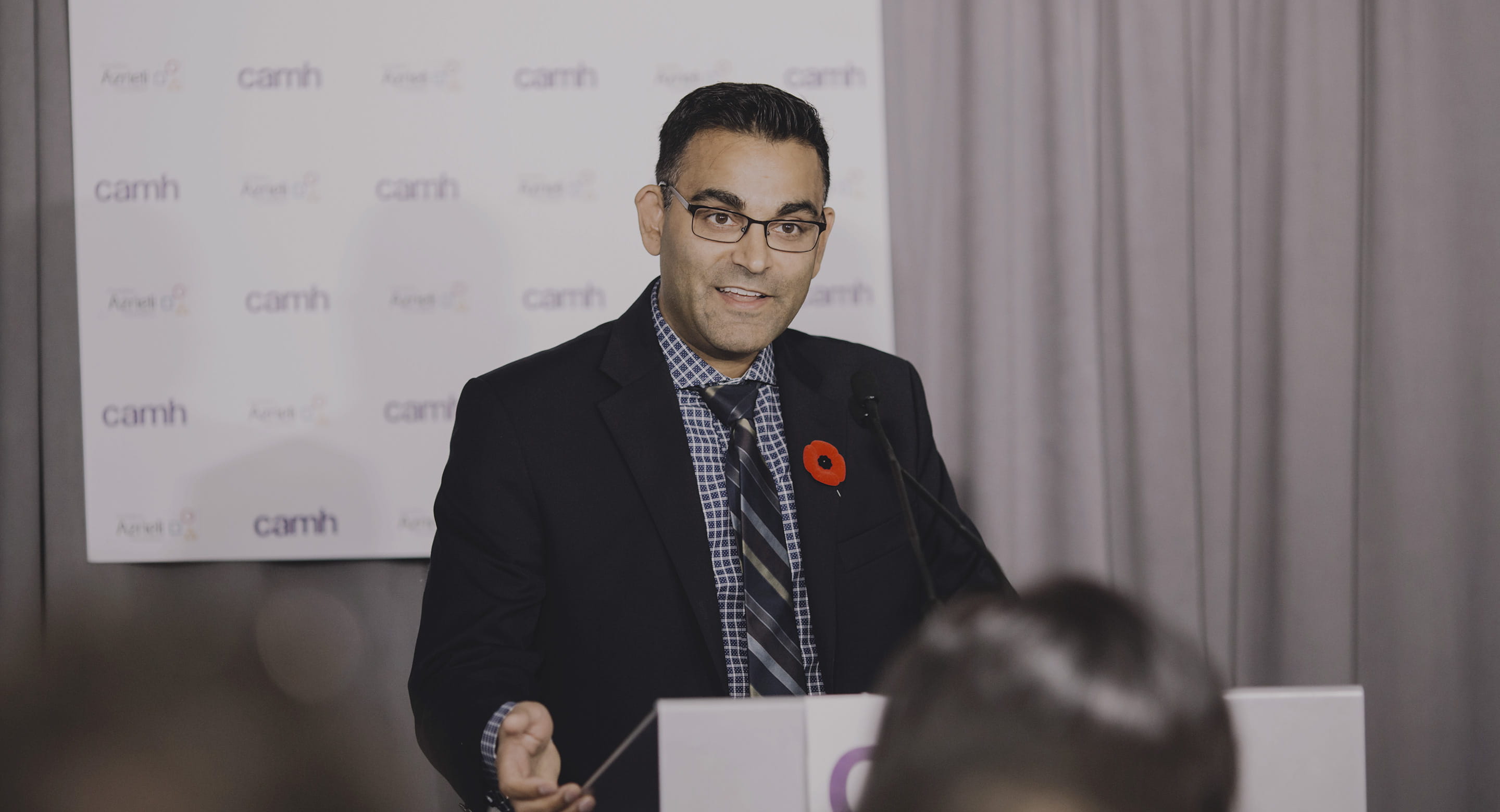 Dr. Neil Vasdev speaking during announcement of Azrieli Centre for Neuro-Radiochemistry