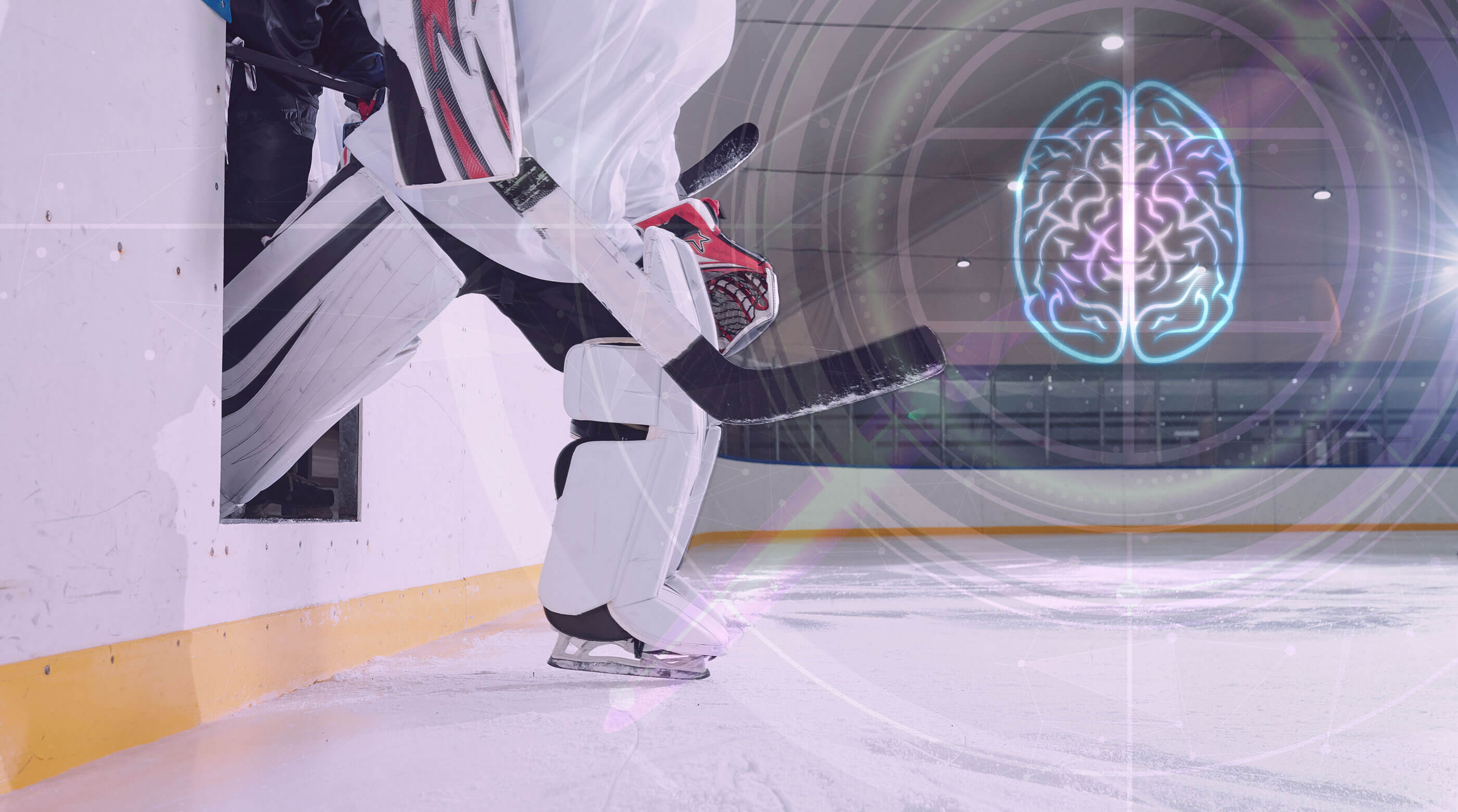 Illustration showing brain scan over picture of hockey player stepping onto ice rink