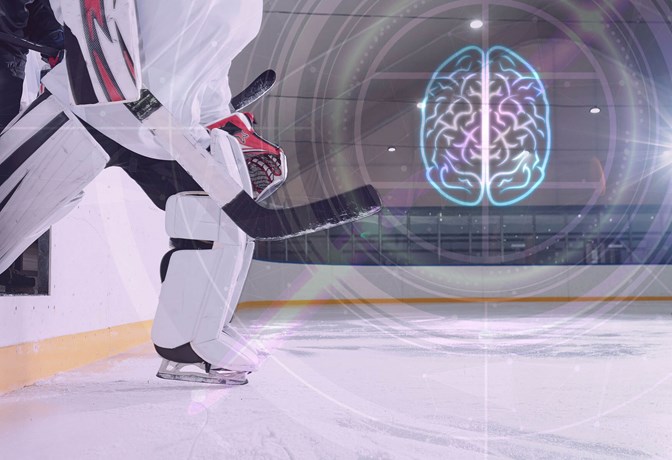 Illustration showing brain scan over picture of hockey player stepping onto ice rink