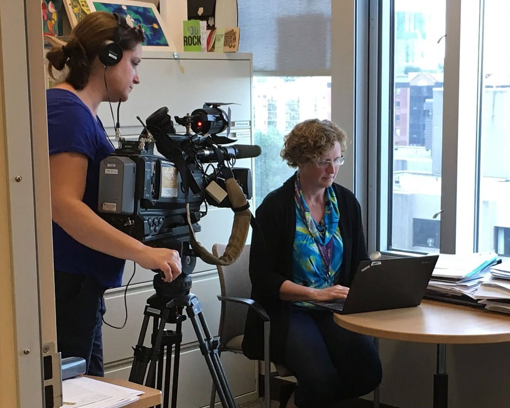 Dr. Joanna Henderson being interviewed by CBC’s The National about talking to children about cannabis.