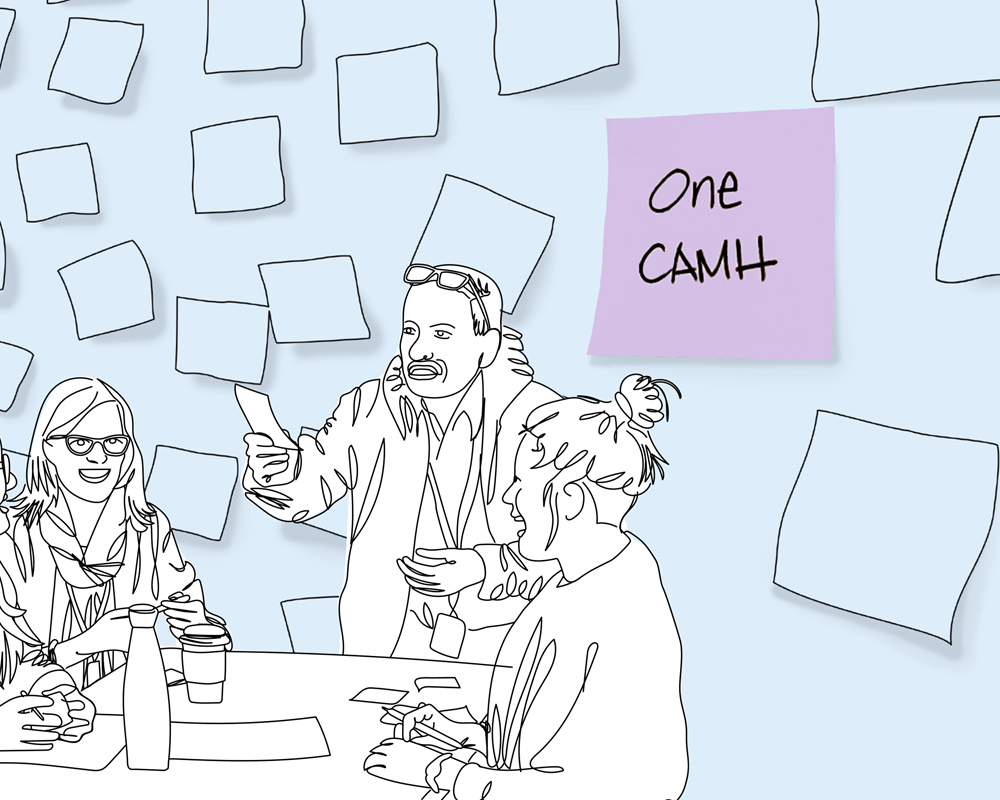 One CAMH: Strategic Plan 2020-2023 cover image featuring illustration of  CAMH staff at plan development Un-Town Hall