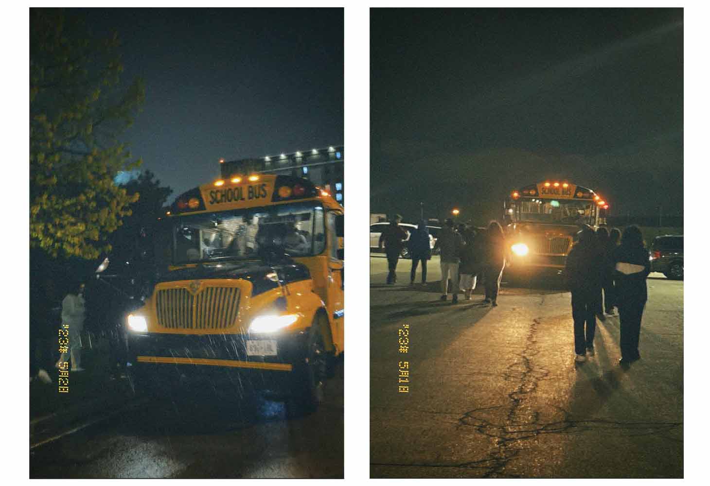 Scenes of a school bus at night
