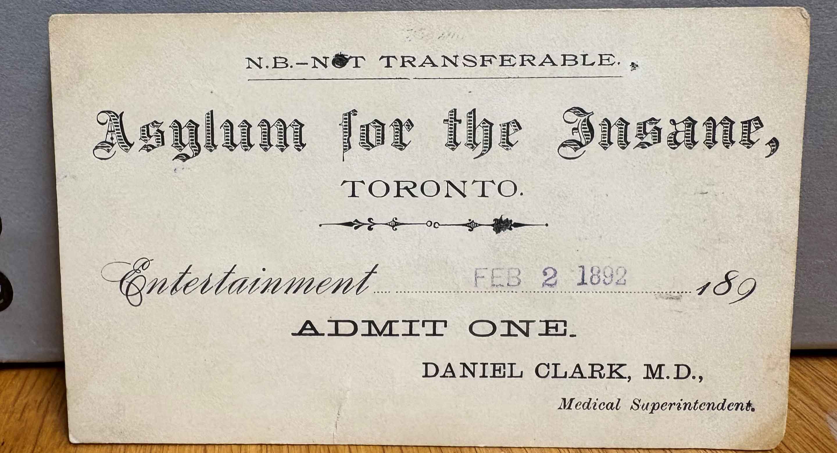An old concert ticket for the Asylum for the Insane