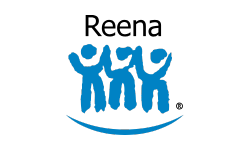 Reena Logo -- a blue logo with three figures holding hands and raising their arms in the air. A blue semi-circle sits directly below the figures.