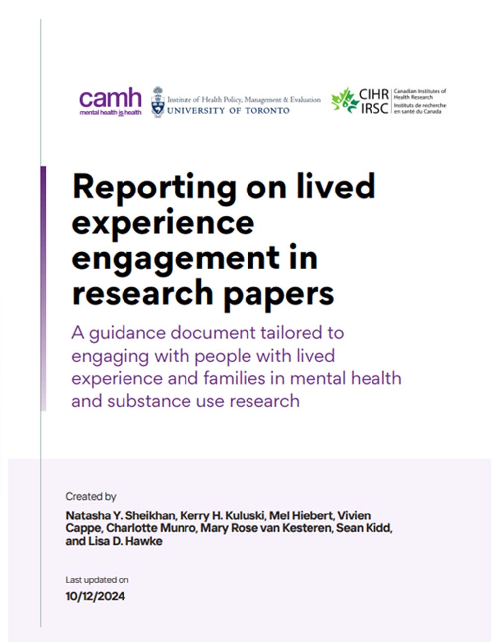 Cover image of the Reporting on lived experience engagement in research papers guidance document